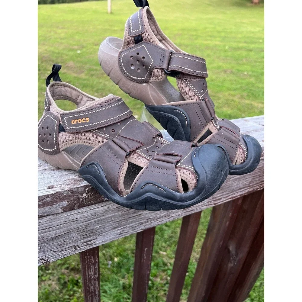 Crocs Swiftwater Fisherman Sandals Mens Sz 12 Brown Leather 204562 Hiking Trail